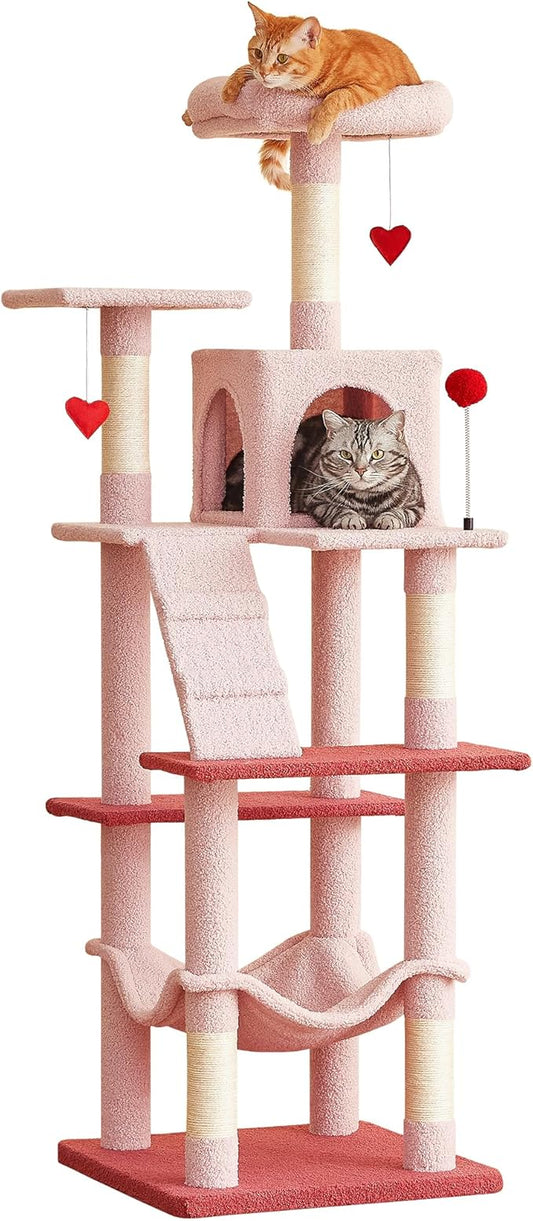 MWPO Cute Cat Tree, 63.8-Inch Pink Cat Tower for Indoor Cats, Multi-Level Cat Condo with 5 Scratching Posts, 2 Perches, Hammock, Dangling Toys