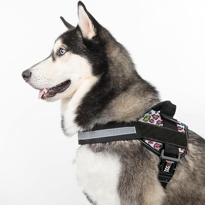 Dogline Dog Harness, Reflective No-Pull Adjustable Vest with Handle for Walking, Training, Breathable, No - Choke Harness for Small, Medium or Large Dogs Room for Patches Leopard Rainbow XS 15"-18"