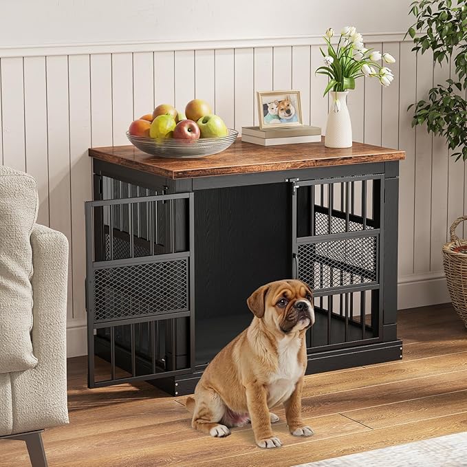 VOPEAK 27.5" Dog Crate Furniture, Chew Resistant Dog Crate for Small Dogs Puppy, Heavy Duty Dog Crates Dog Kennel Cage Indoor with Double Doors, Wooden End Table for Bedroom Living Room, Black