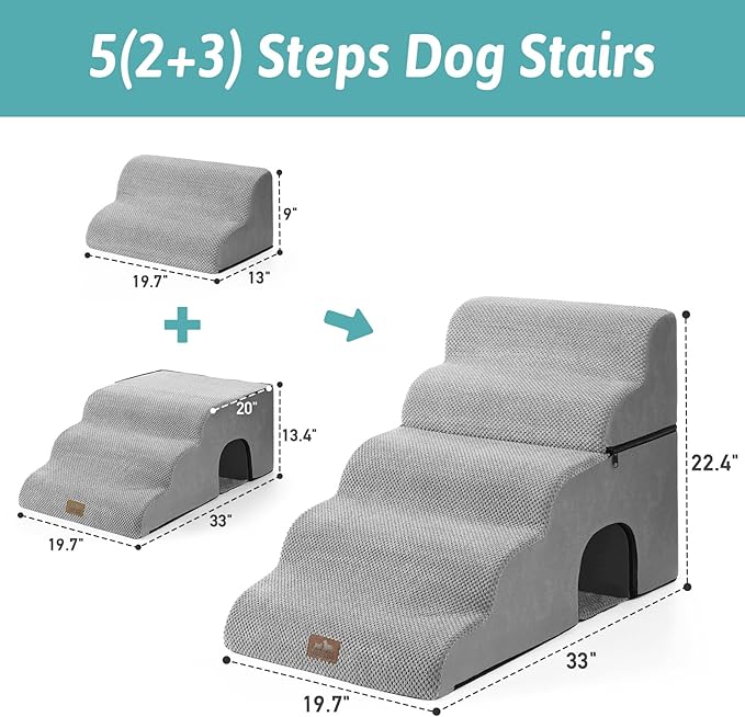 Extra Wide Dog Stairs with Tunnel, Detachable Large Pet Step for Small Medium Dog, Puppy or Cat, Ramp for High Bed, Couch, Sofa or Car, Stable, 19.7x33x22.4 inch, 5 Step, Grey