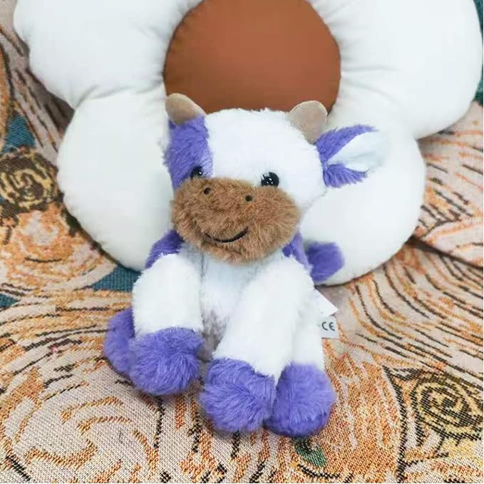 Purple and White Cow Weighted Stuffed Animal 7.87in Cute Sitting Cow Plush with Smile Soft Fluffy Small Farm Plushie for Kids Adults Birthday Festival Gift Bed Home Office Decoration Toys