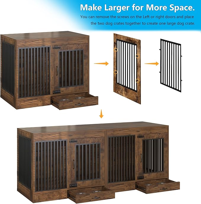 Rustic Brown Heavy Duty Furniture Dog Crate, Wood and Metal Kennel Cage, Pet House End Table with Drawer and Pull-Out Design, Dog Home for Indoor use, Large Size