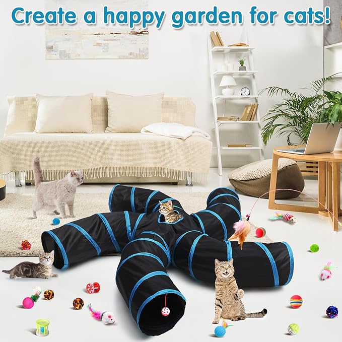 Poen 21 Pcs Cat Tunnel for Indoor Set Collapsible 5 Way Tubes with 20 Pcs Cat Kitten Toys Interactive Feather Toy Mouse Crinkle Balls Tube for Puppy Kitten Rabbit(Blue Black)