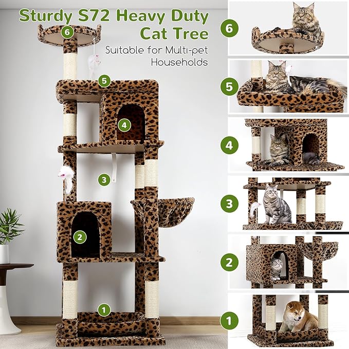 Globlazer Heavy Duty Cat Trees for Large Cats, Sturdy 72in Maine Coon Cat Tree for Large Cat 20 lbs+ Heavy Duty Cat Tower for Adult Biggest Cats with 6 Scratching Posts, Hammock, S72, Leopard Print
