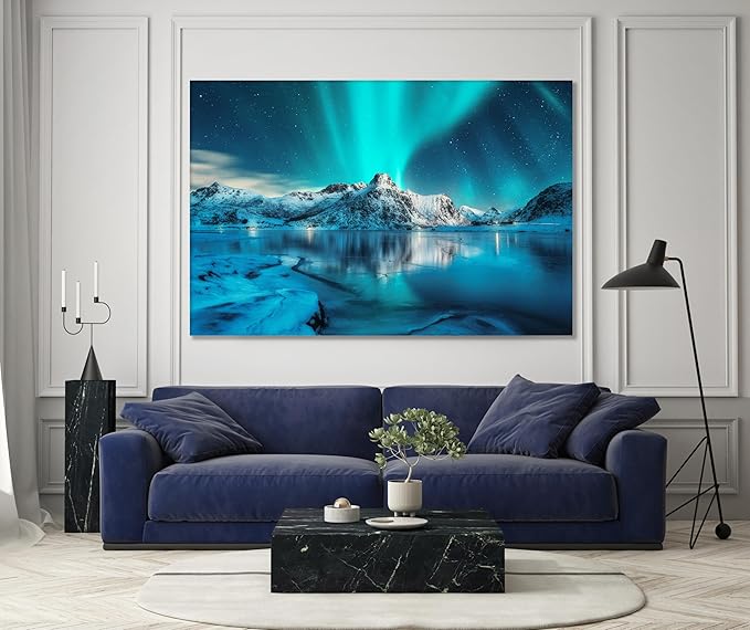 Nature Wall Art Prints - Ocean Forest Mountain Lake Canvas Landscapes - Small to Extra Large Living Room Bedroom Kitchen Bathroom Décor (Northern Lights Over Lake, 28L" x 41W")