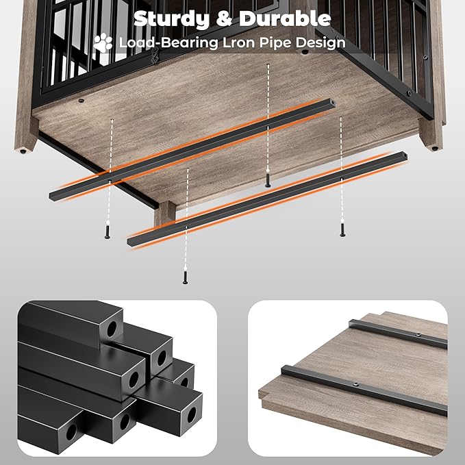 Lulive Dog Crate Furniture, Wooden Dog Kennel Indoor with Adjustable 360°& Height Dog Bowls, Double Doors Furniture Dog Crates End Table for Small/Medium 31.5" L*22.5" W*25.6" H, Grey