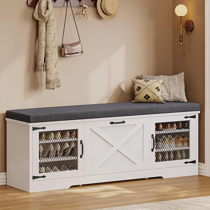 Farmhouse Storage Bench with Flip Drawers & Padded Seat Cushion, Half Hidden Shoe Rack Organizer, Adjustable Shelf Shoe Cabinet for Large Family, Entryway, Bedroom, Living Room (White)