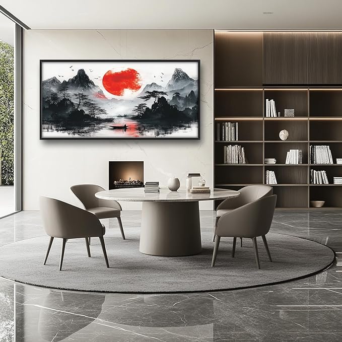 Framed Large Japanese Mountain Wall Art for Living Room, Oversized Asian Red Sun Lake Landscape Wall Decor Nature Canvas Painting Home Decoration for Living Room Bedroom Office 60"x30"