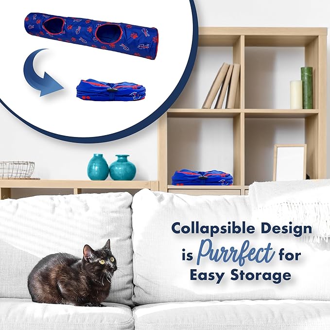 NFL Buffalo Bills Cat Tunnel Tube Toy with Plush Football Catnip and Feathers Collapsible Tunnel for Cats to Play, Peek and Hide, Sporty & Fun Cat Tunnel Toy with Team Logo All-Over Design!