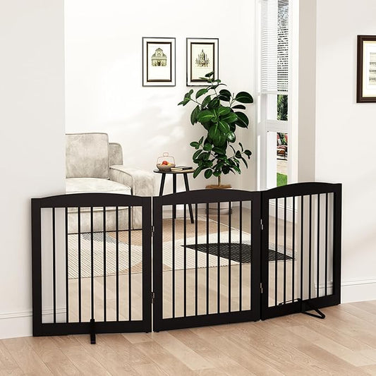 Freestanding Pet Gate for Dogs, Foldable Wooden Dog Gate for House, Indoor Dog Gate for Doorways, Stairs, Gates for Dogs Indoor, Support Feet Included, 24" Height 3 Panels, Brown