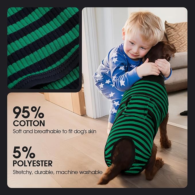 FUAMEY Recovery Suit for Dogs After Surgery,Soft Breathable Dog Bodysuit E-Collar & Cone Alternative Surgical Suit,Male Female Dog Neuter Spay Suits Anti Licking Wounds Onesie Green Black Stripes S