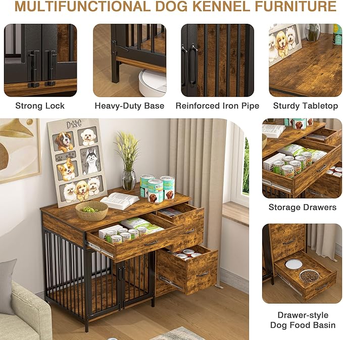 VECELO Dog Crate Furniture, 43 inch Wood Dog Crate End Table with Storage Drawers, Heavy Duty Dog Kennel Furniture Indoor, Rustic Brwon