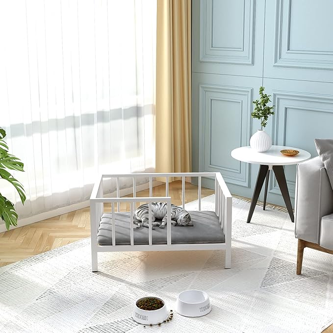 Dog Bed with Rails - Elevated Pet Metal Bed Frame with Solid Wood Board and Washable Soft Mat for Small Dog Indoor or Outdoor Use, 21.3" x 30 ", White