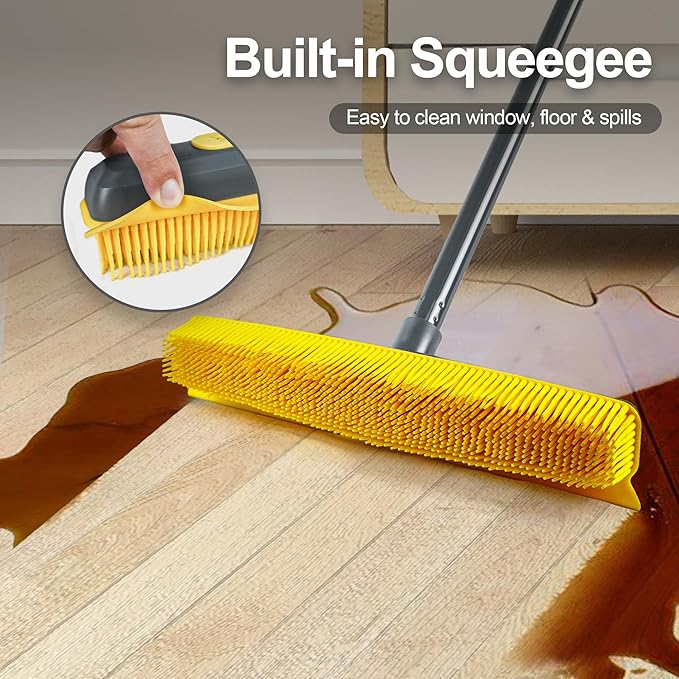 NEWE Rubber Pet Hair Removal Broom with Lint Fur Remover Tool, 57.5 inches Long Handle Silicone Carpet Brush Rake with Built-in Squeegee for Cleaning Rug, Tile, Floor (Gray Yellow)