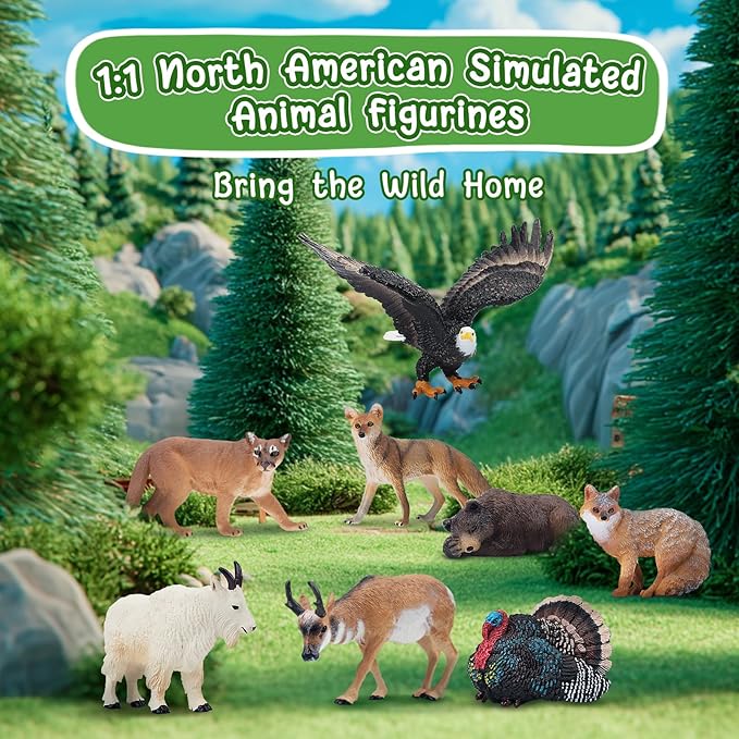 Toymany 14PCS Mini North American Forest Animals Figurines, Realistic Jungle Animal Toys Includes Elk Pronghorn Jaguar Gey Fox for Kids Adults Toddlers