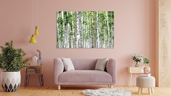 Nature Wall Art Prints - Ocean Forest Mountain Lake Canvas Landscapes - Small to Extra Large Living Room Bedroom Kitchen Bathroom Décor (Green Brich Trees, 47L" x 71W" - 3 panels)