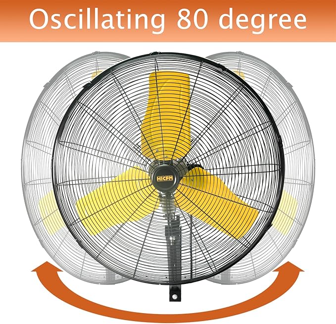 HiCFM 24" Oscillating Wall Fan, 8900 CFM High Velocity Industrial Wall Mounted Heavy Duty Shop Fans with 3 Speed Settings 80° Oscillation for Outdoor Commercial Garage Warehouse workshops Factory