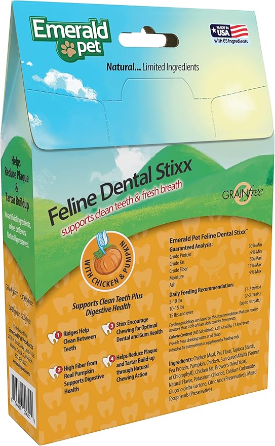 Emerald Pet Feline Dental Stixx — Tasty and Crunchy Cat Dental Sticks with Pumpkin for Digestive Health — Natural Grain Free Dental Treats for Clean Cat Teeth and Fresh Breath — Chicken Stixx, 3.6 oz
