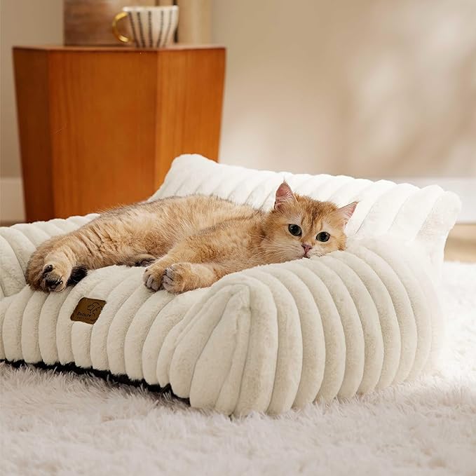 Bedsure Cute Couch for Pets - Fluffy Pet Sofa with Premium Soft Corduroy Fleece, Fuzzy Cat Beds for Indoor Cat with Removable Washable Cover, Supportive Pet Chair, 24inch, Cream