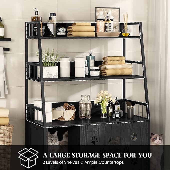 Recaceik Large Cat Litter Box Enclosure with Shelf Storage, Hidden Cat Washroom Furniture, Wooden Cat House with Scratch Pad, Sturdy Indoor Cat Cabinet with 2 Doors, Black