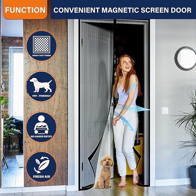 Magnetic Screen Door, Fit Door Size 35 x 80 Inches, Screen Doors with Magnets, Pet & Kid Friendly，Works with Front Doors, Sliding Doors ‎Black