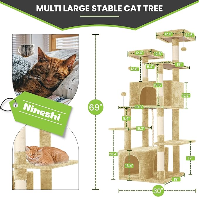 69in Large Cat Tree Tower for Indoor Cats with Soft Plush Hang Ball, Two Condos, Sisal Scratch Posts & Rope Play for Kittens/Adult Cats, Beige