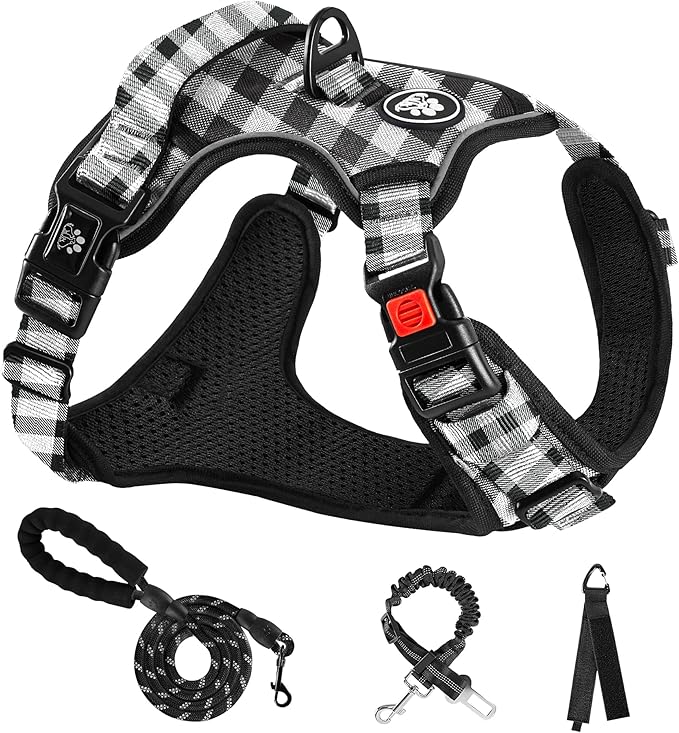 NESTROAD No Pull Dog Harness with Leash, Reflective No Choke Pet Vest Harness,Adjustable Soft Padded Dog Harness with Easy Control Handle for Large Dogs(Checkered Black,X-Large)