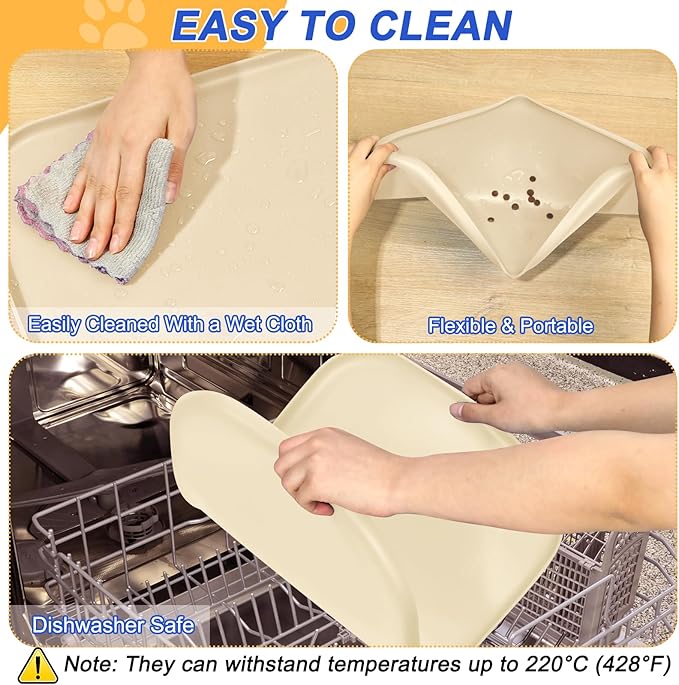 Silicone Pet Feeding Mat with Raised Edge for Food and Water, Dog Bowl Mats, Cat Bowls Placemat with High Lip for Floor Waterproof, Rubber Tray for Cats and Dogs 24 x 16 x0.8 White Sand