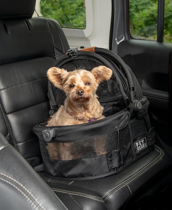 Pet Gear No-Zip View 360 Ultra Lite Pet Safety Carrier & Car Seat for Small Dogs & Cats Push Button Entry, 15", Onyx