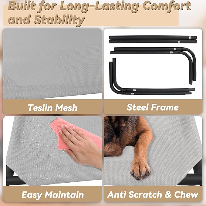 PHYEX Heavy Duty Steel-Framed Portable Elevated Pet Bed, Elevated Cooling Pet Cot, 43.5" L x 25.5" W x 7.8" H(M, Grey)