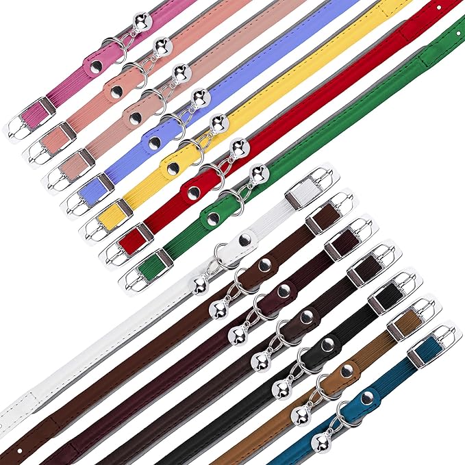 OOPSDOGGY Rolled Leather Cat Collar with Bell, Reflective Kitten Collars with Buckle Include Safety Elastic Strap - Adjustable Small Pet Collars for Boy Girl Cats (Peach)