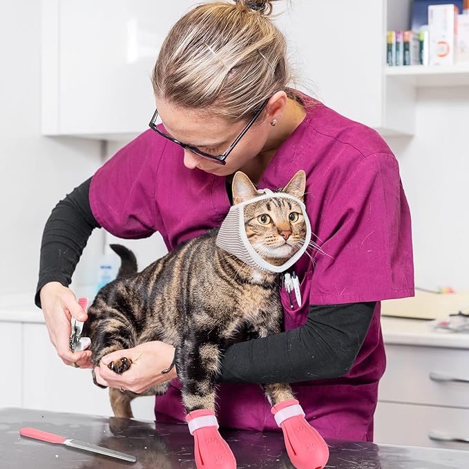 LEIFIDE 7 Pcs Cat Muzzle for Grooming Including 1 Muzzle Bathing 4 Boots 2 Nail Clippers Trimmer Breathable Anti Bite Mask Shoes for Cats Anti Scratch Paw Covers for Pet Grooming Shaving Bathing