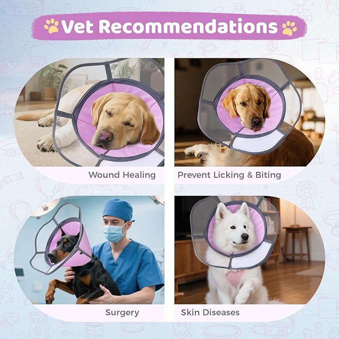 Soft Dog Cone Collar After Surgery Recovery,Adjustable E-Collar with Removable Shield,Lightweight,Breathable Anti-Licking Protective Cone for Large,Medium,Small Pets (Rose Pink, L (Neck:15.5''-19''))