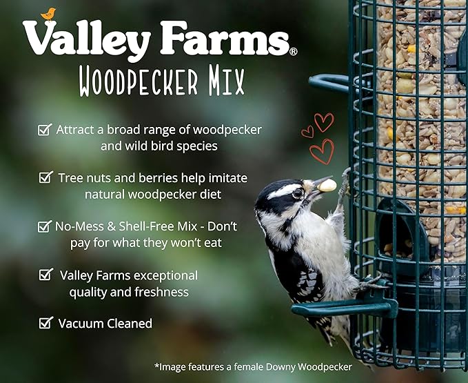 Valley Farms Woodpecker Mix (15 LB) Wild Bird Food for Outdoor Feeders, No Mess Bird Seed, W/Peanuts and Sunflower Hearts for Birds, Woodpecker Food, Attract All Bird Species