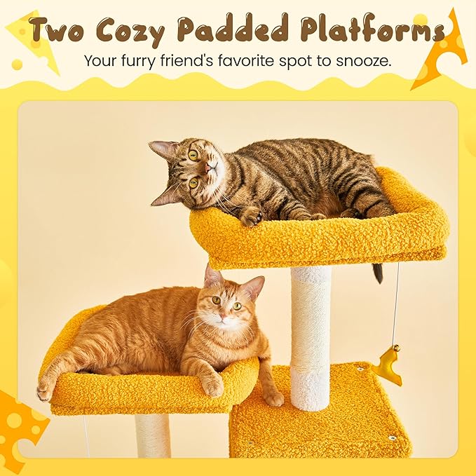 MWPO Cat Tree, 70.1-Inch Tall Cat Tower for Indoor Cats Large Adult, Multi-Level Cat Condo with 5 Scratching Posts, 2 Padded Perches, Hammock, Dangling Toys, Yellow