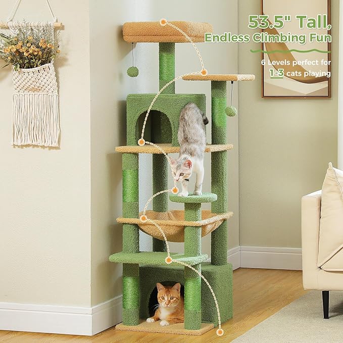 PAWZ Road Cat Tree, 53.5 Inches Tall Cat Tower with Spacious Hammocks, Condos and Scratching Posts, Cat House with Dual Padded Perches for Indoor Large Cats-Green