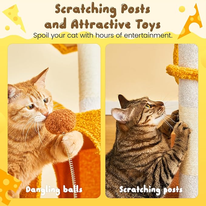 MWPO Cat Tree, 70.1-Inch Tall Cat Tower for Indoor Cats Large Adult, Multi-Level Cat Condo with 5 Scratching Posts, 2 Padded Perches, Hammock, Dangling Toys, Yellow