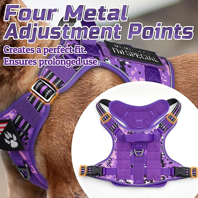 rabbitgoo Tactical Dog Harness for Large Dogs, No Pull Military Service Vest with Handle & Molle, Easy Control for Training Walking, Adjustable Reflective Straps, Purple Camo, L
