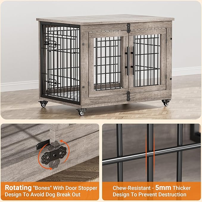 Lulive Dog Crate Furniture for Medium Dogs, 32'' Dog Kennel Indoor with Cushion & Wheels Wooden Dog Cage Double Doors Dog Crate End Table, Grey