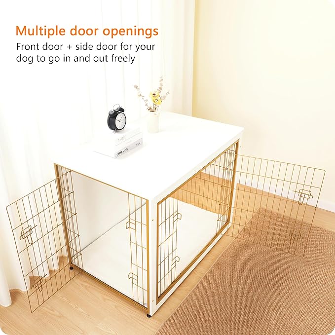 DWANTON Dog Crate Furniture with Cushion, Wooden Kennel Table with Double Doors, Indoor Dog House, Extra Large Size, 43.3" L, White+Gold