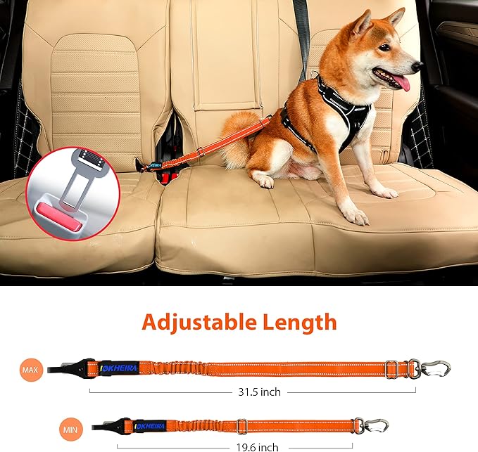 IOKHEIRA Orange Dog Seatbelt - Adjustable Reflective Bungee Harness with Aluminum Swivel Carabiner