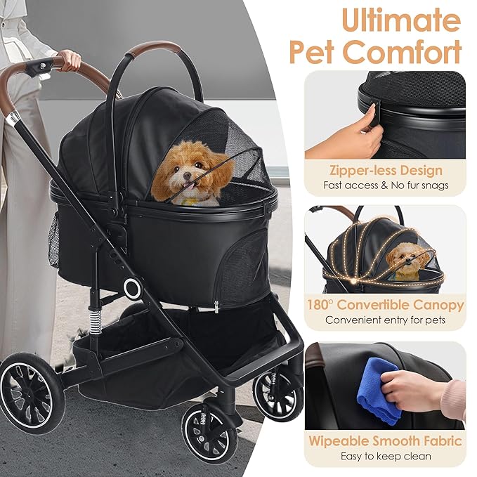 Pet Stroller with 4 Wheels, 3 IN 1 Folding Puppy Strollers for Small/Medium Dogs Cats up to 50lbs, Lightweight Pet Travel Carrier with Detachable Cushion, Storage Basket and Cup Holder, Black