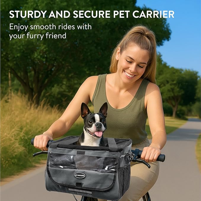 Navaris Pet Carrier for Bikes - Bike Basket Dog Carrier - Ideal Carriers for Small to Medium Dogs Up to 10kg (22lbs) - Drawstring Bag with Secure Locks and Strap - Grey