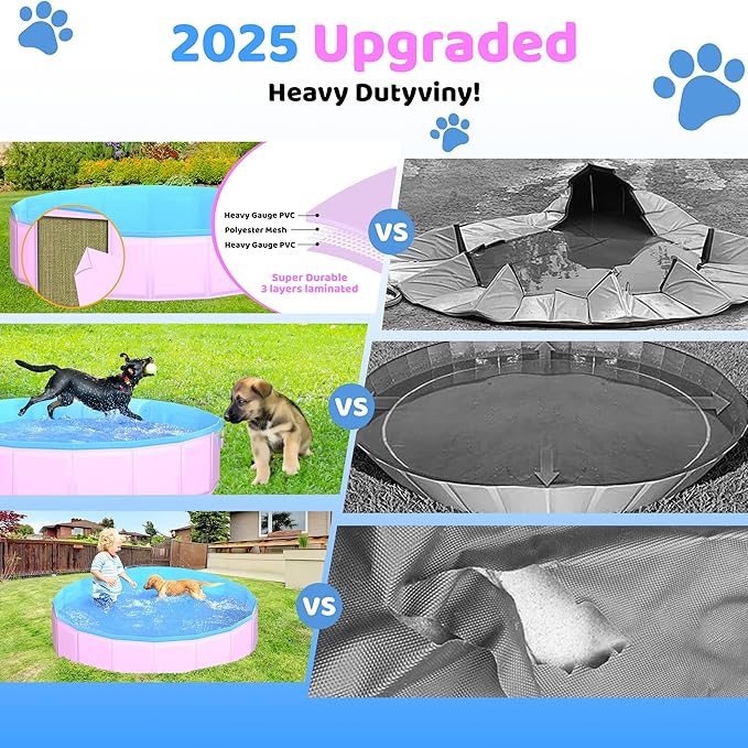 2025 Updated Foldable Dog Pool, 39.5" x 12" Kiddie Pool with Hard Plastic, Non-Slip Dog Bath Tub for Outdoor Backyard, Collapsible Dog Swimming Pool for Kids Dogs Pets (Pink)