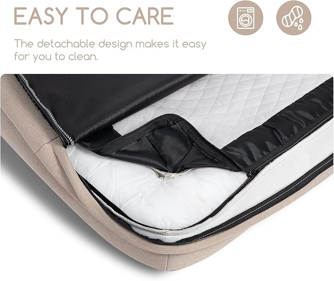 Hollypet Orthopedic Dog Bed for Medium Dogs, Supportive Foam Pet Couch with Removable Washable Cover and Non-Slip Bottom, Waterproof Lining Dog Sofa Bed, Khaki, M (28 * 22.5 * 7.5)