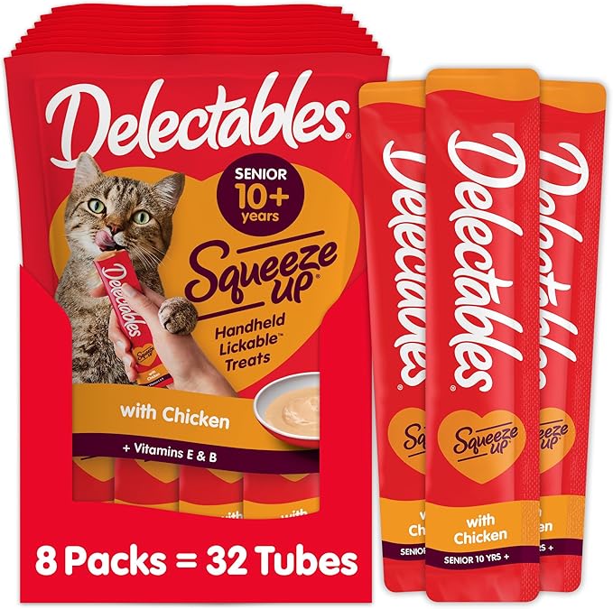 Hartz Delectables Squeeze Up Interactive Lickable Wet Cat Treats for Adult & Senior Cats, Senior Chicken, 32 Count