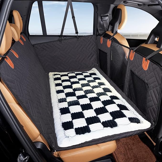 VClife Car Back Seat Cover for Dog, Non Slip Pet Bed Mat Washable Backseat Extender Cushion, Furry Dog Cat Travel Blanket Bed Modern White Black Plaid Bed, 59"×27.6"