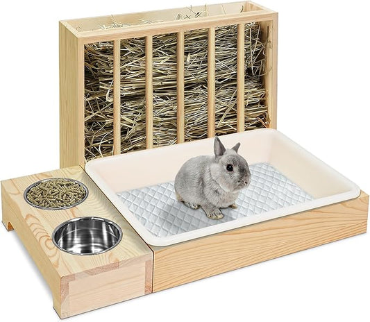 MOBYKE 3 in 1 Rabbit Hay Feeder with Litter Box, Wood, Mess Proof, for Guinea Pig, Chinchillas, Hamster, Dwarf Rabbit