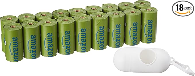 Amazon Basics Dog Poop Bags with Dispenser, 270 Count, Enhanced for Guaranteed Leakproof, Talcum Powder Scented, Includes Leash Clip