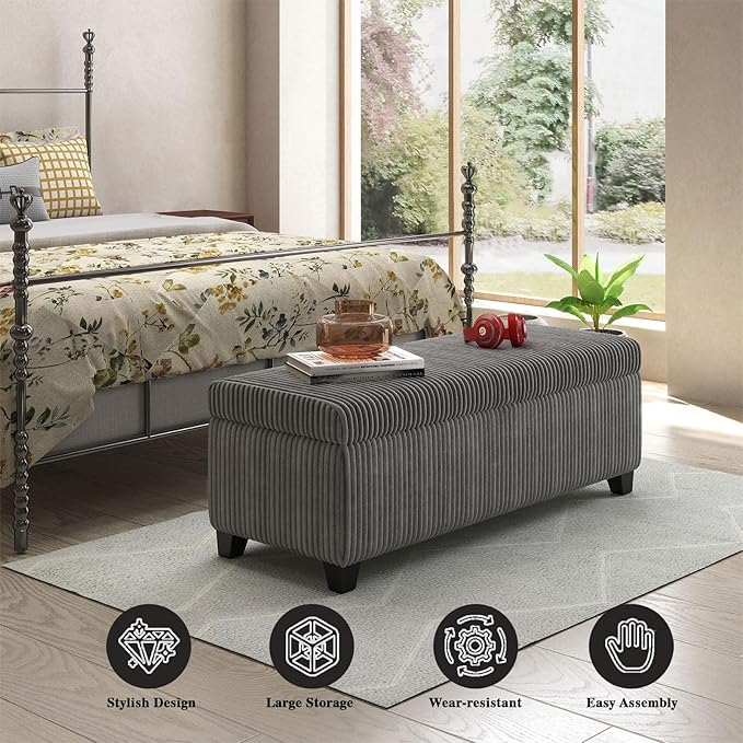 48" Ottoman with Storage, Corduroy Storage Ottoman Bench for Bedroom, End of Bed Bench with Safety Hinge for Living Room, Bedroom, Entryway, Grey
